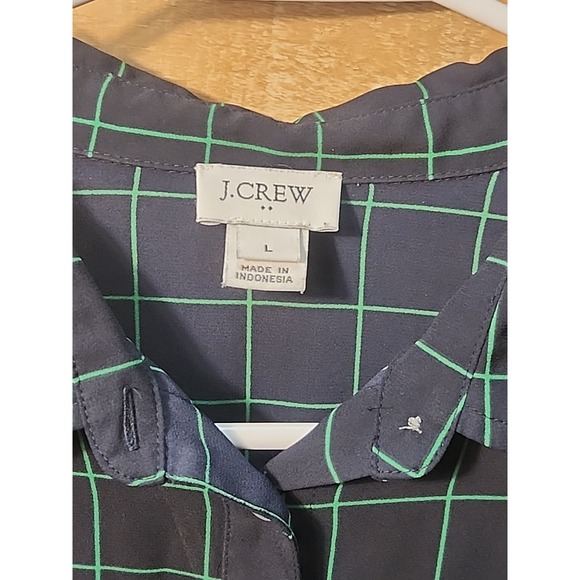 J Crew Shirt Women's L Navy Green Poly Check Long Sleeve Button Up - Picture 3 of 7